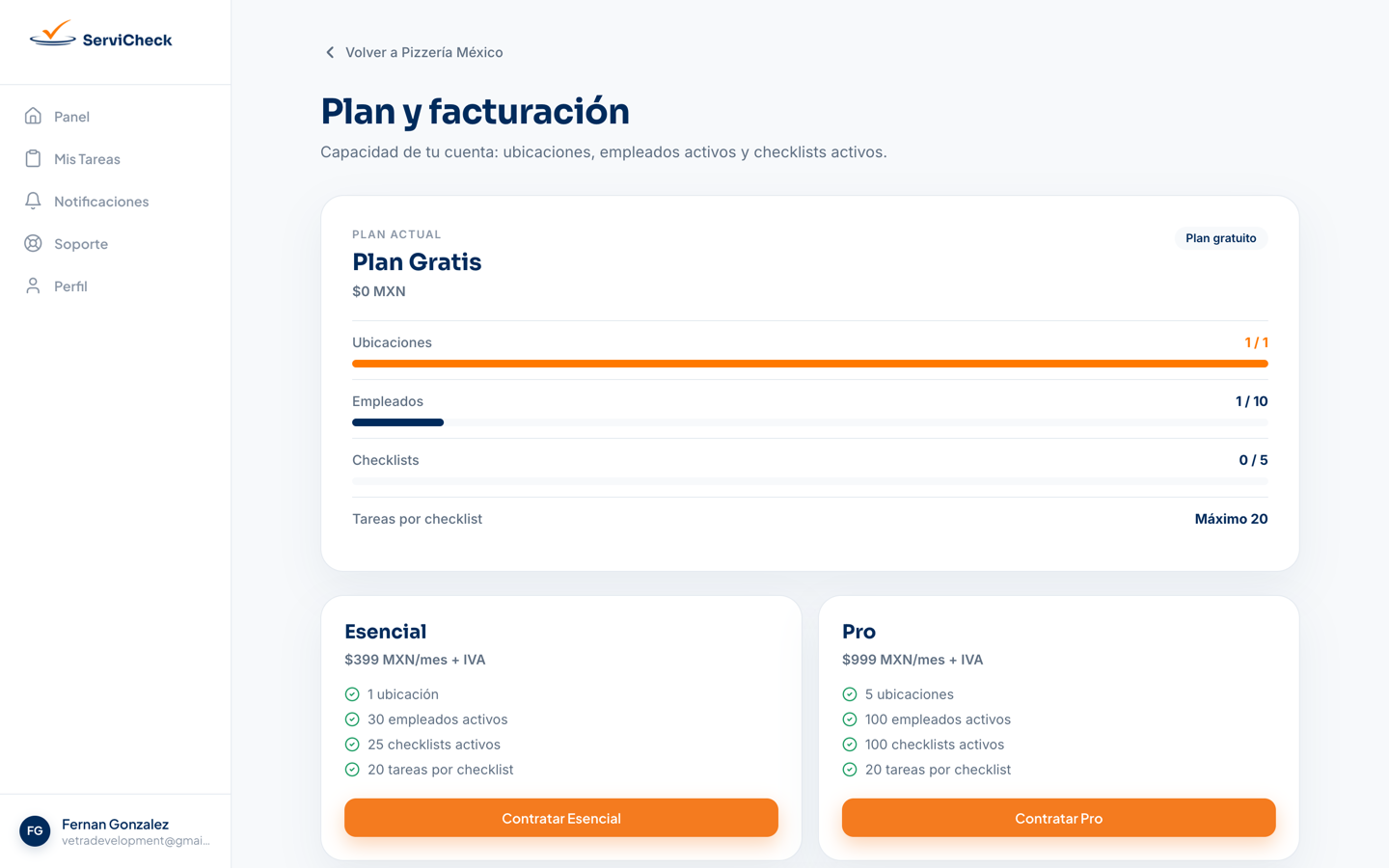 Pantalla Plan y facturación con el PLAN ACTUAL (Gratis y su uso) y los planes Esencial, Pro y Empresa con sus botones.