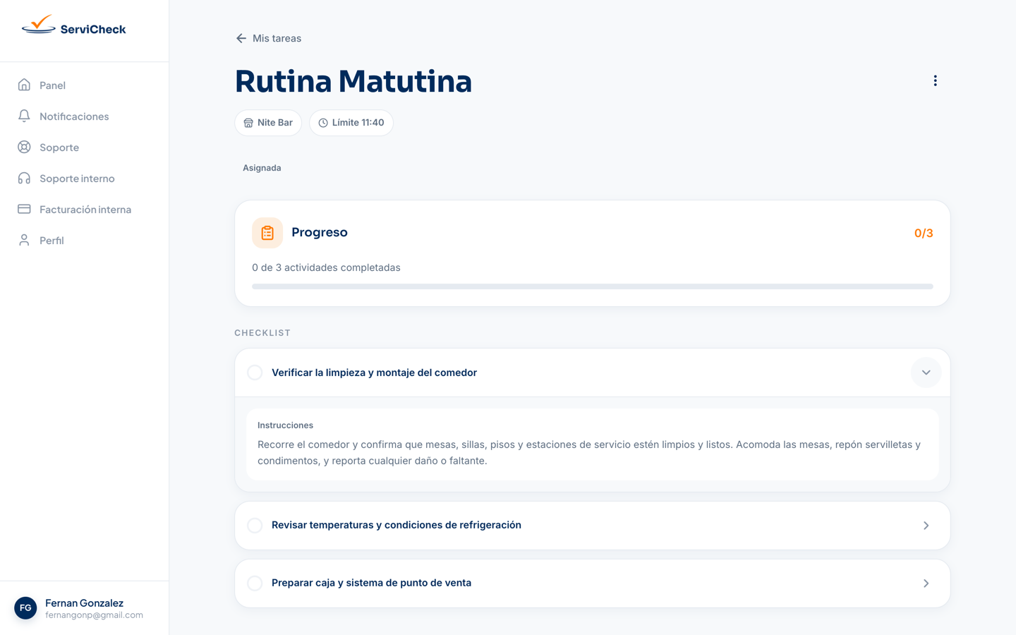 Detalle de una tarea en la web con una actividad abierta, sus instrucciones y el progreso de la tarea.