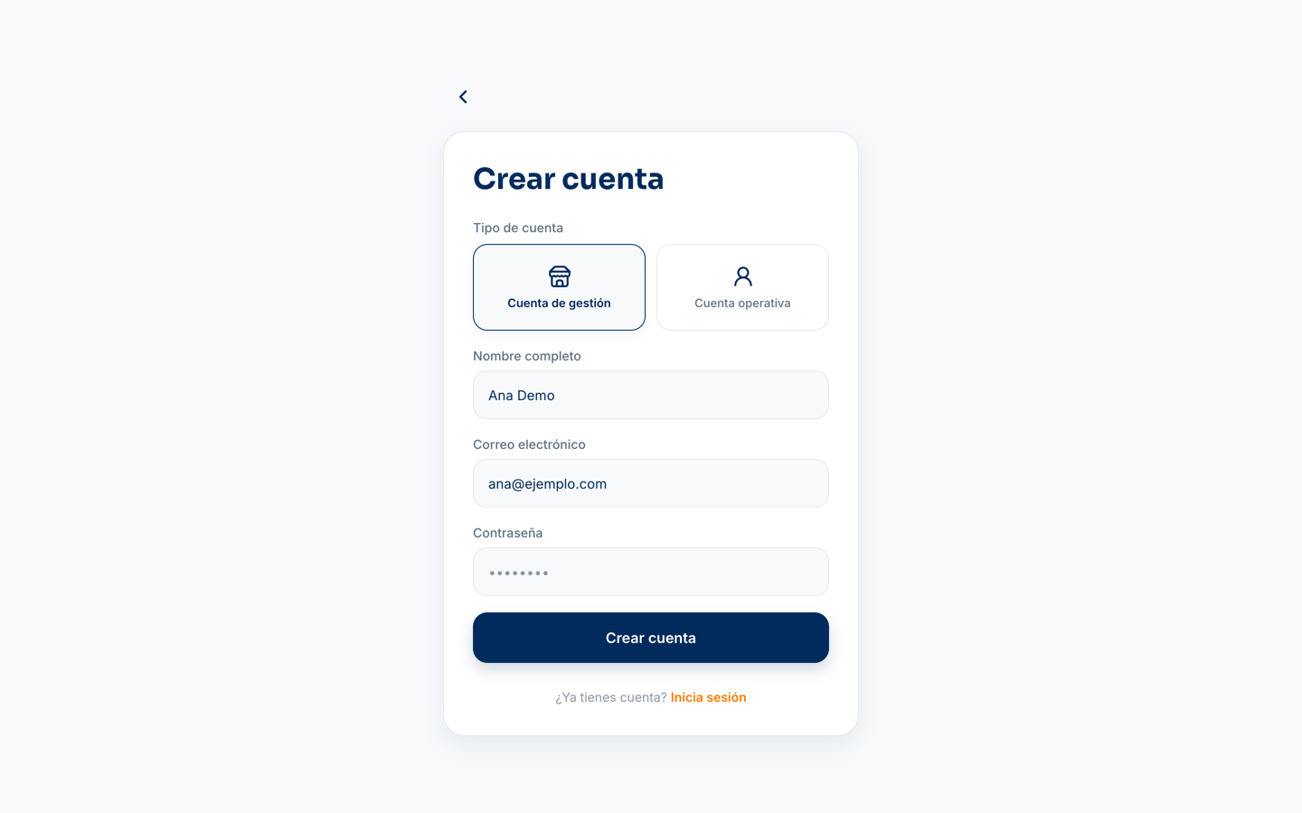 Pantalla Crear cuenta de ServiCheck con el selector Tipo de cuenta (Cuenta de gestión y Cuenta operativa) y los campos Nombre completo, Correo electrónico y Contraseña.