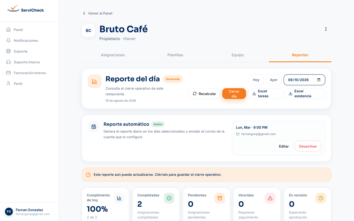 Reporte diario con los botones Excel tareas y Excel asistencia.