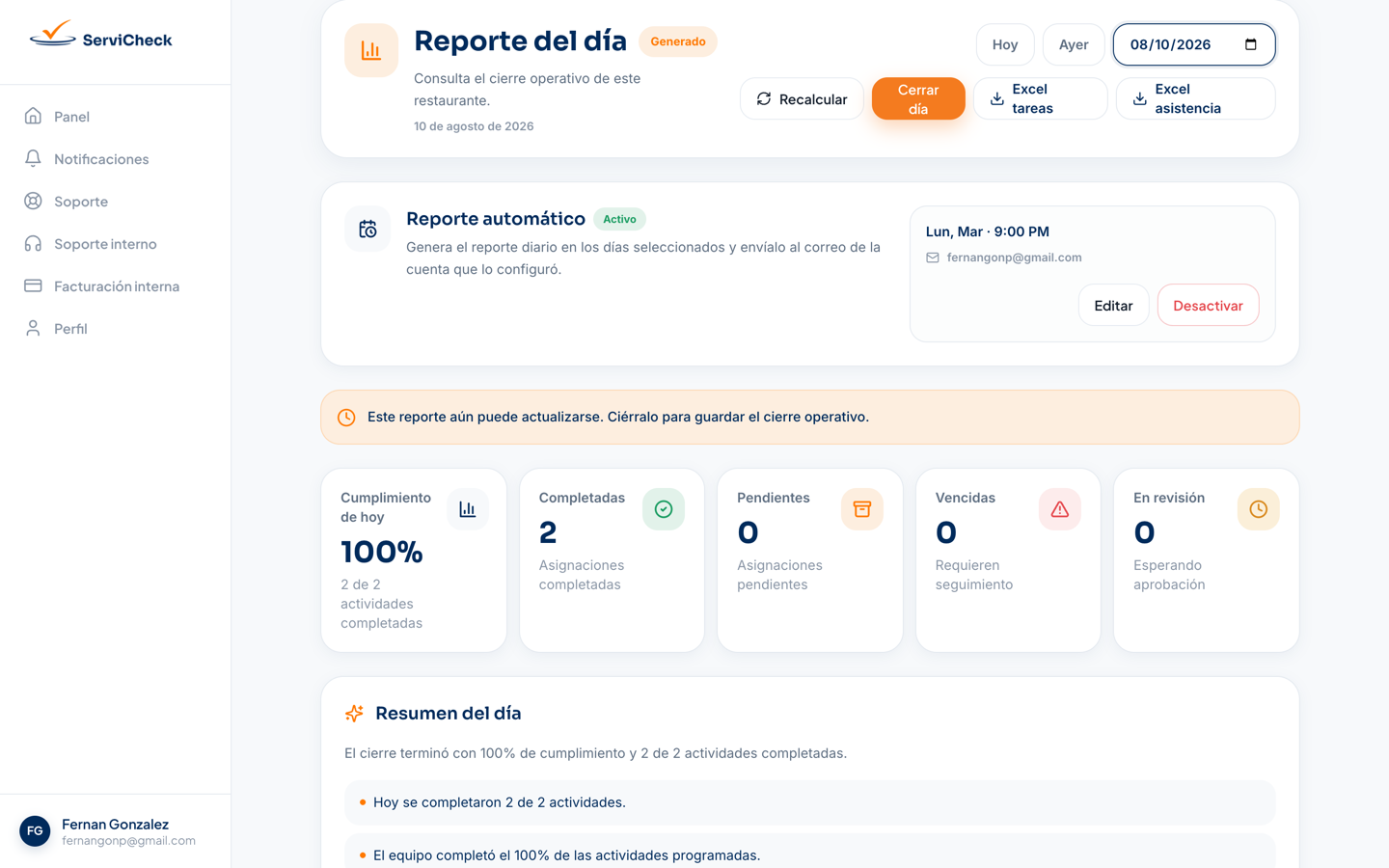 Reporte diario generado con los accesos Hoy y Ayer, los botones Recalcular y Cerrar día, y los indicadores del día.