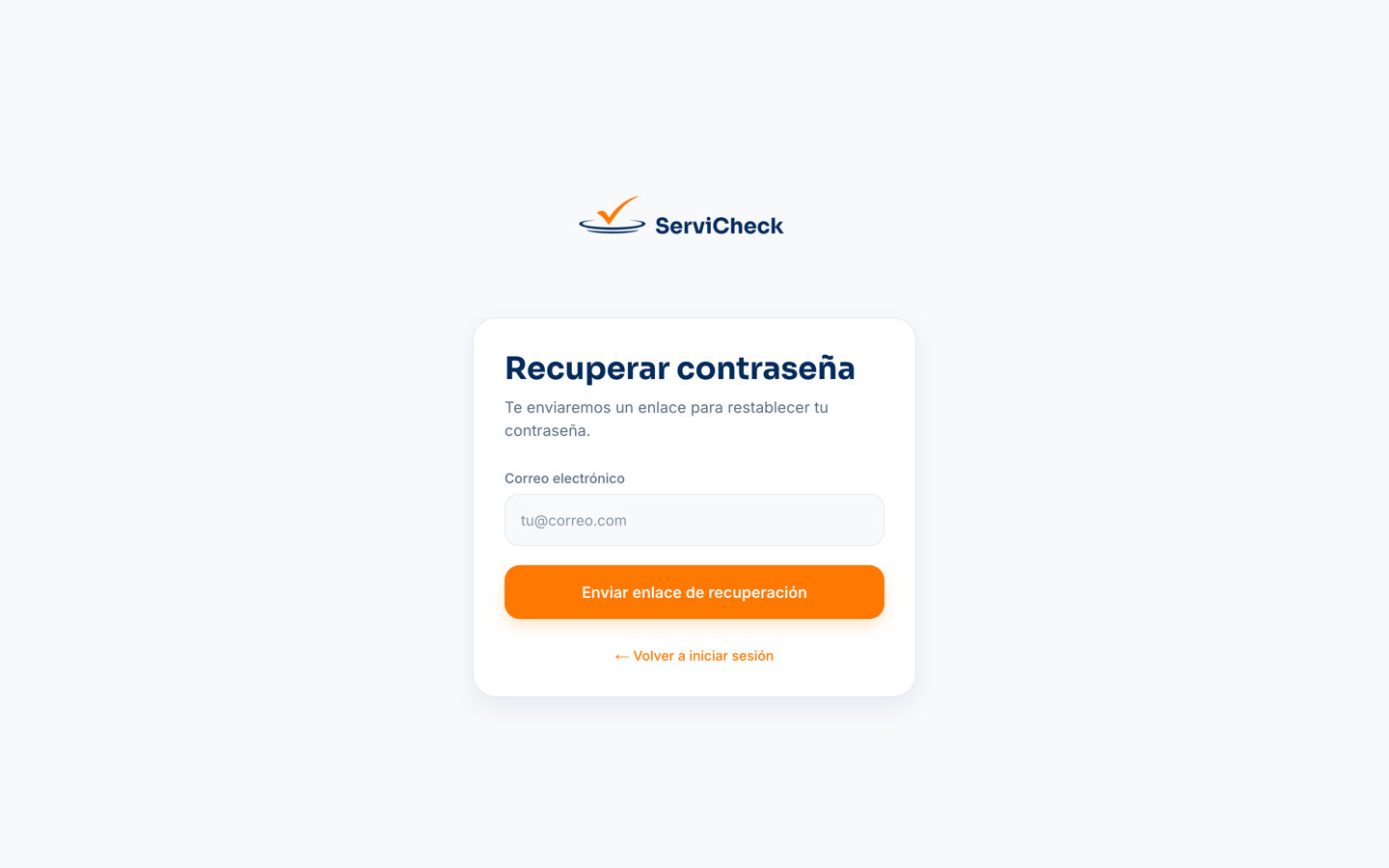 Pantalla Recuperar contraseña con el campo Correo electrónico y el botón Enviar enlace de recuperación.